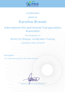 BOAS Pet Shipper Certification - Airpets International Karoline Brewer