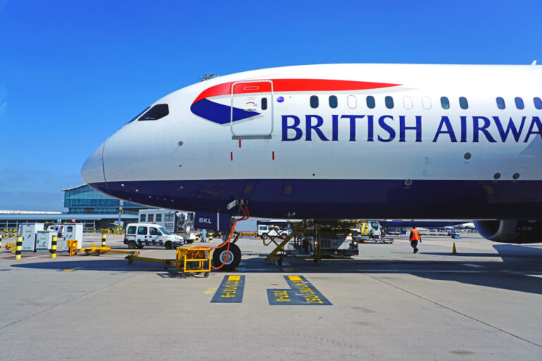 british airways airplane stationed at airport